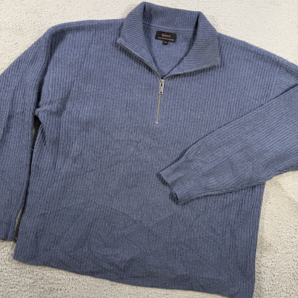 Quince Sweater Mens Medium Blue 100% Cashmere Mongolian 1/4 Zip Pullover Ribbed